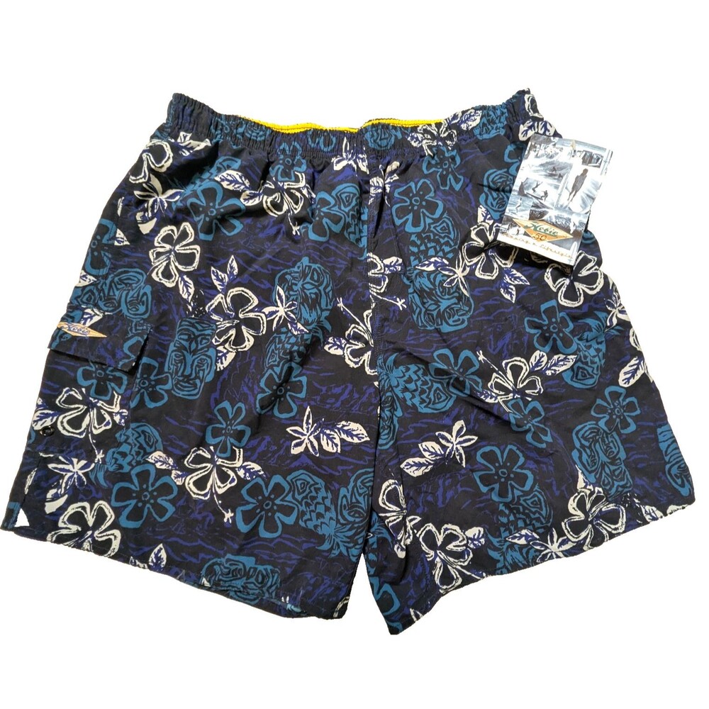 Vintage Hobie NWT Swim Trunks Men's XL Blue Tiki Hawaiian Floral Mesh Liner Surf